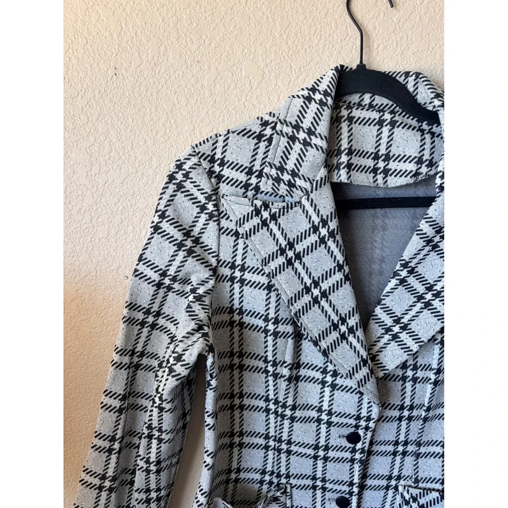 Vintage Black White Plaid Knit Blazer  Jacket Wide Lapel Patch Pockets Womens - Picture 3 of 8